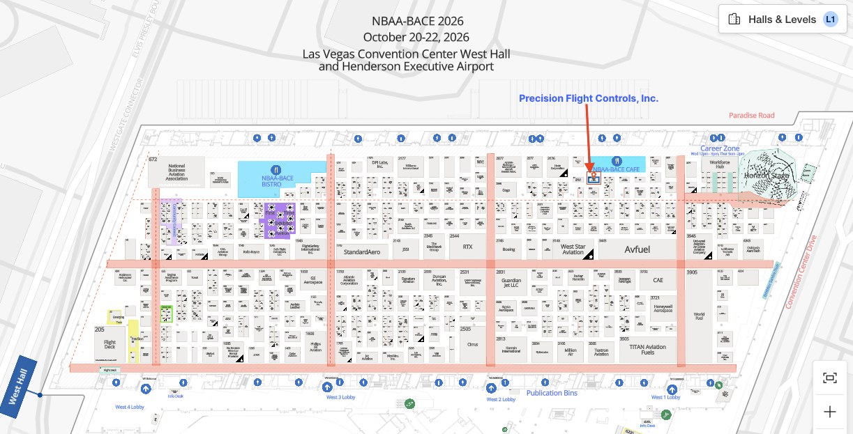 NBAA-BACE 2026 West Hall floor plan showing Precision Flight Controls at booth 3375