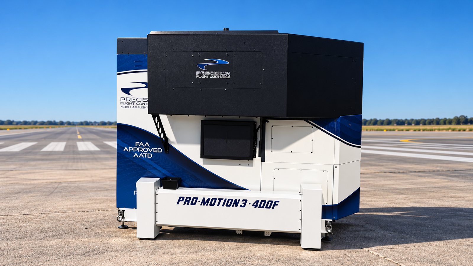 Precision Flight Controls Pro-Motion 3 4DOF FAA approved AATD flight simulator on a runway